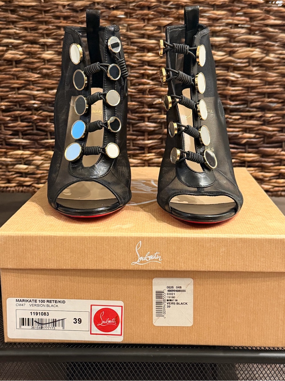 AUTHENTIC] Christian Louboutin Black Open-Toe Ankle Booties with Gold-Tone Discs